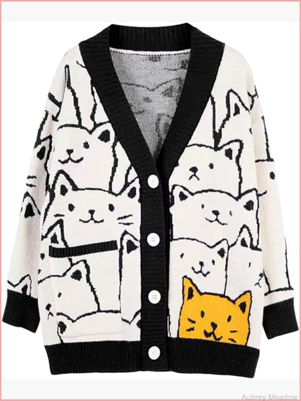 Oversized Cat Print V-Neck Button Down Cardigan Sweater Kawaii